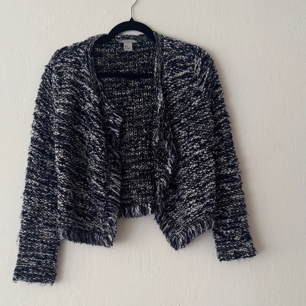 Elegant Open-Front Blue & White Silver Tweed Women’s Sweater Jacket